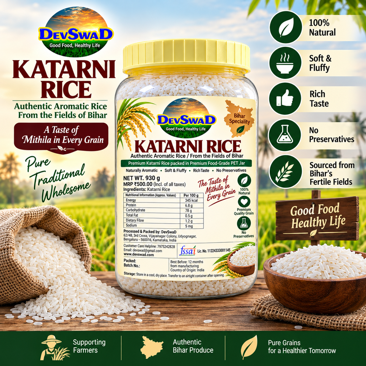 DevSwaD Premium Bhagalpuri Katarni Chawal/Rice in Jar (930g)|Naturally Aromatic|Easy to digest|Jagdishpuri