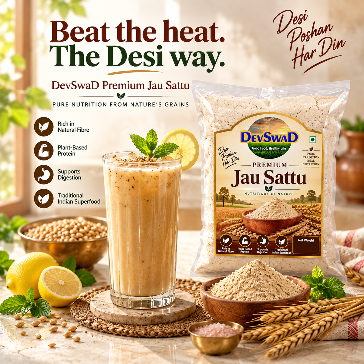 DevSwaD Premium Jau Sattu | Roasted Barley Flour | Traditional Cooling Summer Drink | High Fibre Superfood | No Preservatives | Ready to Mix Energy Drink