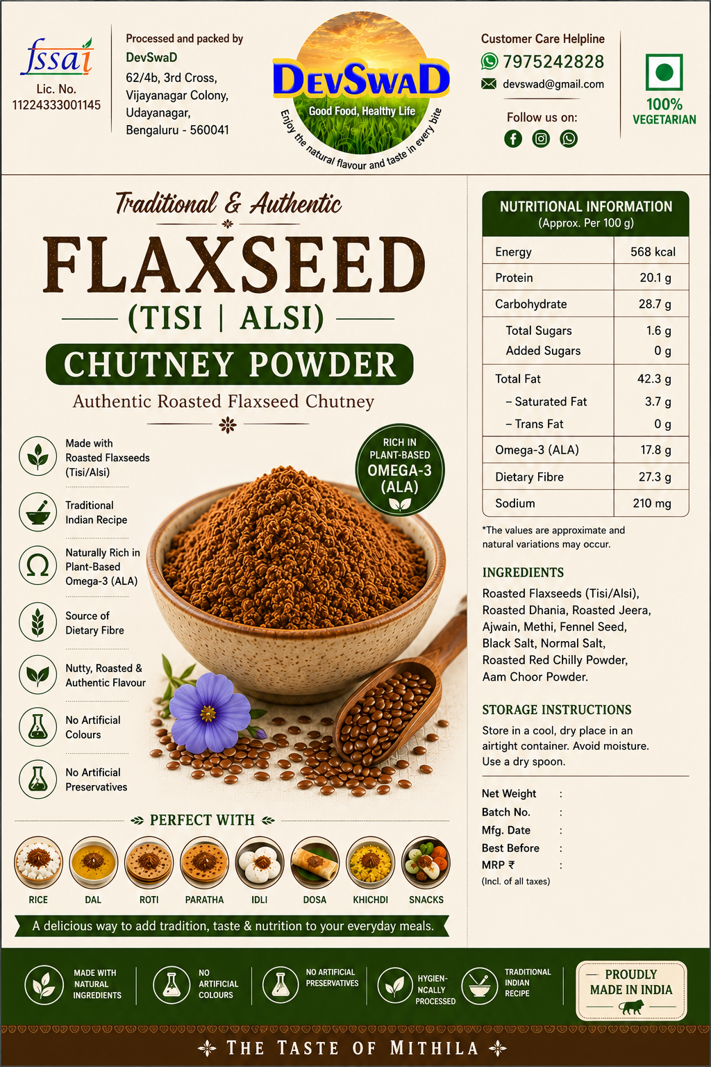 DevSwaD Flaxseed (Tisi|Alsi) Chutney Powder|Plant-Based Omega-3|No Artificial Colors or Preservatives