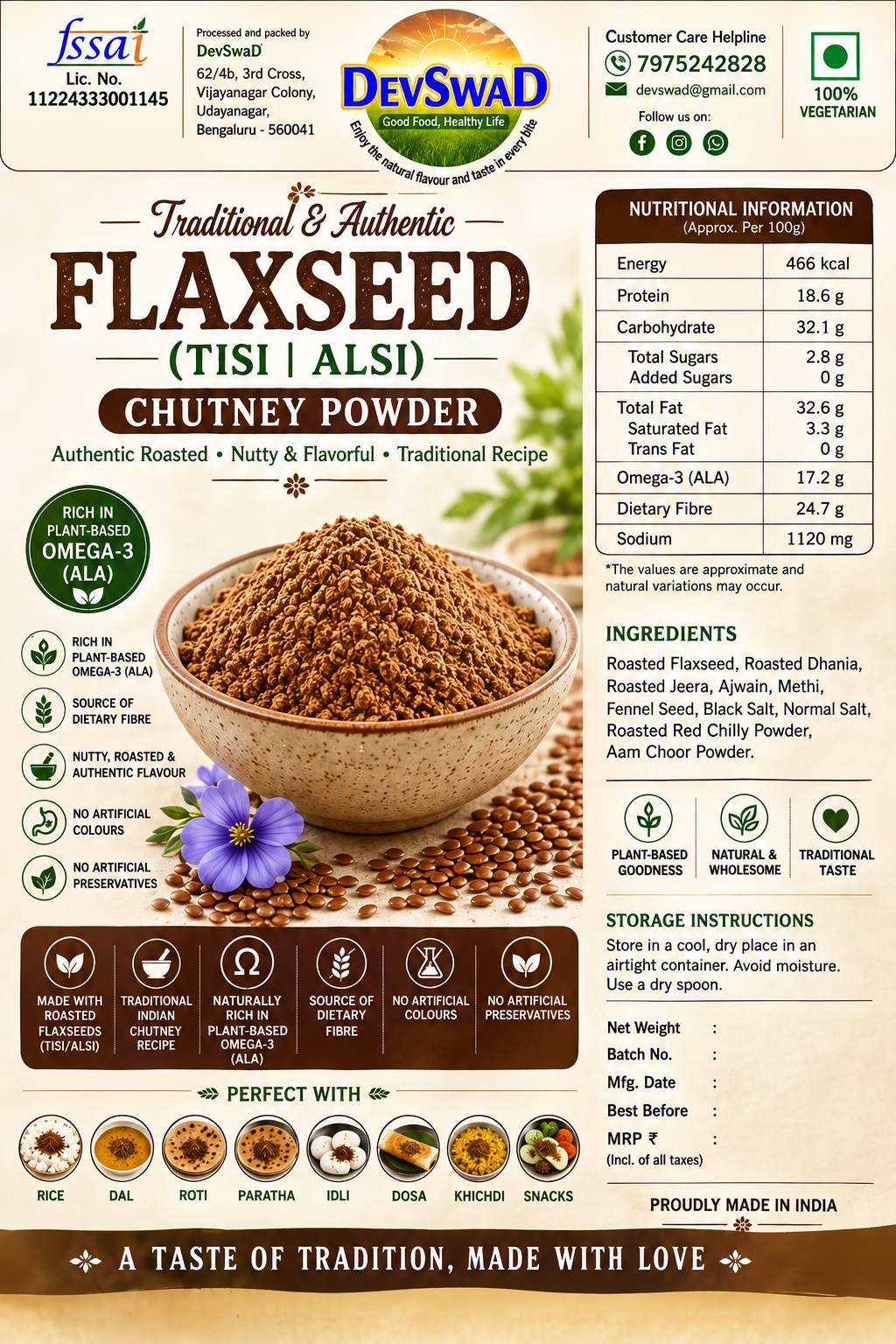 DevSwaD Flaxseed (Tisi|Alsi) Chutney Powder|Plant-Based Omega-3|No Artificial Colors or Preservatives