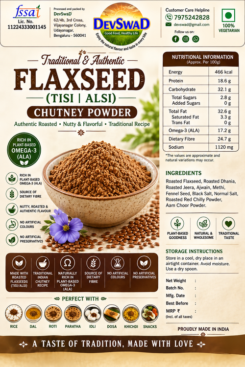 DevSwaD Flaxseed (Tisi|Alsi) Chutney Powder|Plant-Based Omega-3|No Artificial Colors or Preservatives
