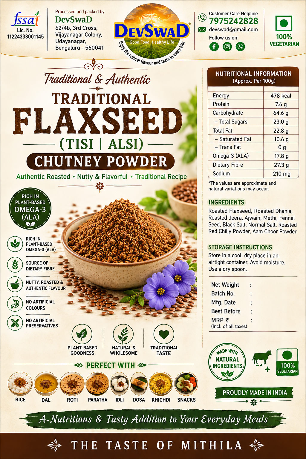 DevSwaD Flaxseed (Tisi|Alsi) Chutney Powder|Plant-Based Omega-3|No Artificial Colors or Preservatives